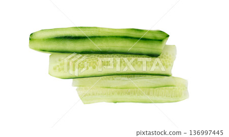 Cucumber cut isolated, cucumber slices, green vegetable cuts for salad isolated 136997445