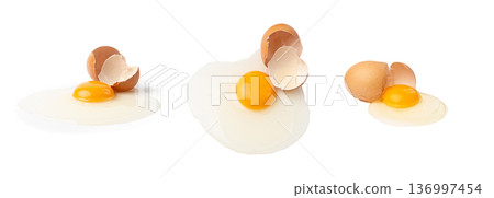 Broken Egg Isolated, Raw Yolk and White, Cracked Brown Shell, Fresh Broken Chicken Eggs on White Background Broken Egg Isolated, Raw Yolk and White, Cracked Brown Shell, Fresh Broken Chicken Eggs on White Background 136997454