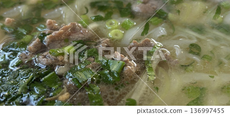 Vietnamese soup with meat, greens and rice noodles pattern Vietnamese soup with meat, greens and rice noodles pattern 136997455