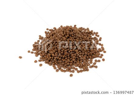 Dry pet food, dog kibble pile, puppy pellets, small canine protein croquette meal, animal food 136997487