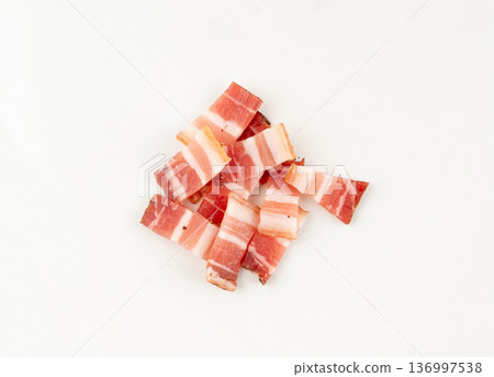 Cured carbonara pork isolated, raw smoked bacon, streaky brisket on white background Cured carbonara pork isolated, raw smoked bacon, streaky brisket on white background 136997538