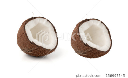 Coconut pieces, broken coco nut isolated, fresh tropical palm fruit slices, open cracked coconut Coconut pieces, broken coco nut isolated, fresh tropical palm fruit slices, open cracked coconut 136997545