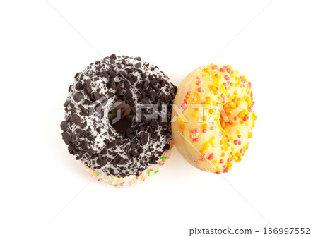 Doughnuts, Chocolate Brown and Pink Donut with Multicolored Sprinkles 136997552