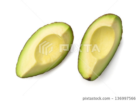 Hass Avocado Half Isolated, Whole Sharwil Set, Brown Avocados Slice, Fresh Alligator Pear, Persea Americana 136997566