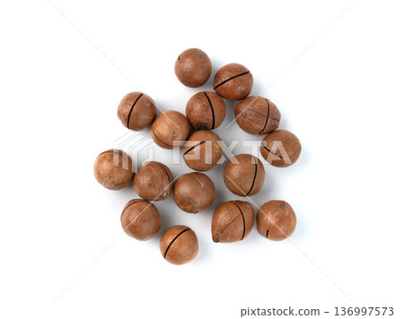 Macadamia nuts isolated. Natural raw peeled macadamia seeds and shells 136997573