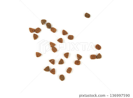 Dry pet food, dog kibble pile, puppy pellets, small canine protein croquette meal, animal food 136997590