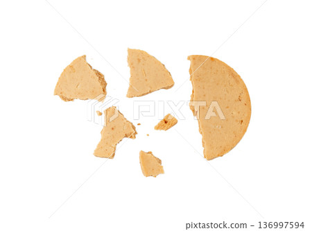 Protein cookie isolated, broken round energy snack with peanuts, chicory fibre 136997594