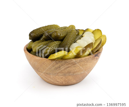 Pickled sliced cucumbers, fermented food, marinated canned vegetables, gherkins, pickles Pickled sliced cucumbers, fermented food, marinated canned vegetables, gherkins, pickles 136997595