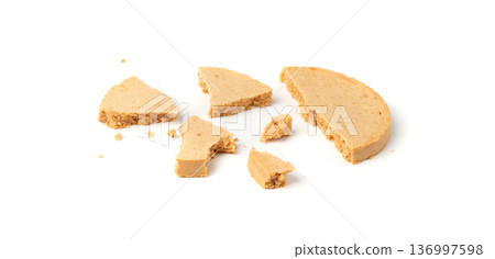 Protein cookie isolated, broken round energy snack with peanuts, chicory fibre 136997598