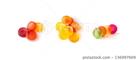 Round gummy candy pile isolated. Chewing colorful marmalade pills, jelly gumdrops heap 136997609