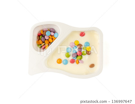 Yogurt cup isolated, yoghurt in plastic pot, milk pudding container, dairy food small package 136997647
