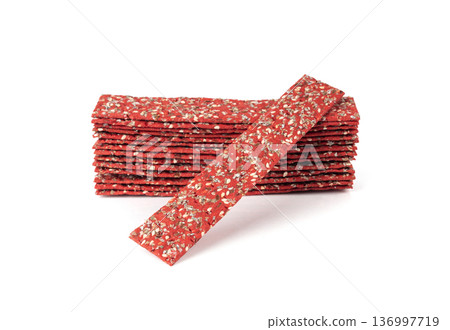 Beetroot crackers, thin rusk beet root bread, red diet multigrain crispbread, various seeds 136997719