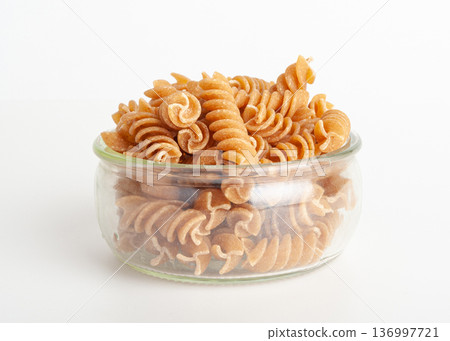 Raw Brown Pasta, Wholegrain Fusilli, Dry Whole Grain Noodle, Raw Spelt Macaroni, Healthy Italy Food 136997721