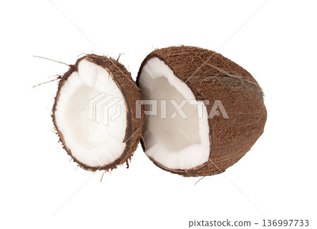 Coconut pieces, broken coco nut isolated, fresh tropical palm fruit slices, open cracked coconut Coconut pieces, broken coco nut isolated, fresh tropical palm fruit slices, open cracked coconut 136997733