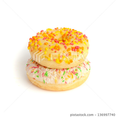 Doughnuts Isolated, Glazed Frosted Donuts with Colorful Sprinkles Doughnuts Isolated, Glazed Frosted Donuts with Colorful Sprinkles 136997740