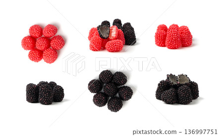 Gummy berries, chewy raspberries or jelly blackberries, gelatin candies fruit marmalade Gummy berries, chewy raspberries or jelly blackberries, gelatin candies fruit marmalade 136997751