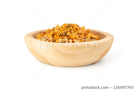 Navrattan namkeen mixture. Indian nimko snack, spicy and sweet farsaan Navrattan namkeen mixture. Indian nimko snack, spicy and sweet farsaan 136997765