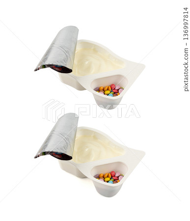 Yogurt cup isolated, yoghurt in plastic pot, milk pudding container, dairy food small package Yogurt cup isolated, yoghurt in plastic pot, milk pudding container, dairy food small package 136997814