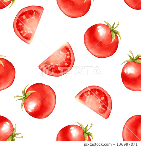 Fresh red tomato and slices seamless pattern on white background 136997871