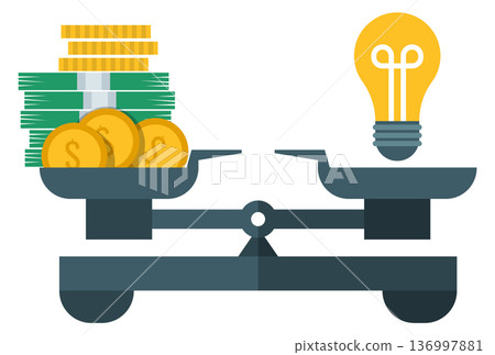 Idea worth a lot of money concept. Scales with financial pile Idea worth a lot of money concept. Scales with financial pile 136997881