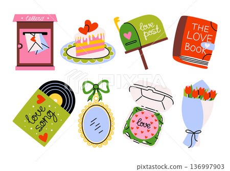 Valentines Day illustrations. Mailbox with love letters, pice of cake on a plate, green postbox, love book, vinyl record with love song cover, vintage mirror, bento cake in open box, bouquet of tulips 136997903