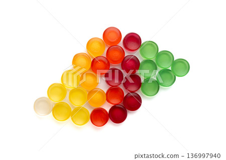 Round gummy candy pile isolated. Chewing colorful marmalade pills, jelly gumdrops heap 136997940