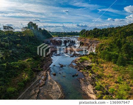 Aerial view of ropical River Cascade at Sae Pong Lai Waterfall Aerial view of ropical River Cascade at Sae Pong Lai Waterfall 136997947