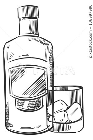 Whiskey bottle and scotch glass with ice cubes doodle Whiskey bottle and scotch glass with ice cubes doodle 136997996