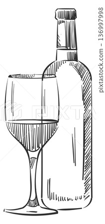 Wine bottle and glass sketch. Drink hand drawn icon Wine bottle and glass sketch. Drink hand drawn icon 136997998