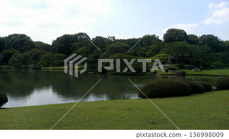 A sunny day with a pond and pine trees in a Japanese garden. Perfect for tourist brochures and Japanese-style backgrounds. A sunny day with a pond and pine trees in a Japanese garden. Perfect for tourist brochures and Japanese-style backgrounds. 136998009