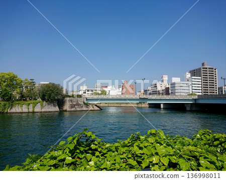 Japanese cityscape with riverside bridges and buildings. Perfect for local government PR and business backgrounds. Japanese cityscape with riverside bridges and buildings. Perfect for local government PR and business backgrounds. 136998011