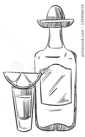 Tequila drawing. Mexican guava alcohol drink sketch Tequila drawing. Mexican guava alcohol drink sketch 136998019