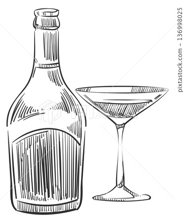 Martini sketch. Drink bottle and cocktail glass icon Martini sketch. Drink bottle and cocktail glass icon 136998025