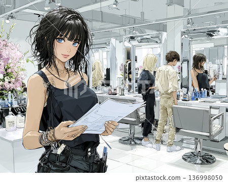 女造型師引導顧客入座 | 現代美髮沙龍工作場景 136998050