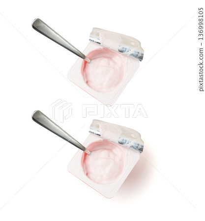 Yogurt cup isolated, pink fruit yoghurt in plastic pot, milk pudding container, dairy food Yogurt cup isolated, pink fruit yoghurt in plastic pot, milk pudding container, dairy food 136998105