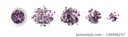 Amethyst crystals isolated. Purple quartz pebbles and crystal Amethyst crystals isolated. Purple quartz pebbles and crystal 136998257