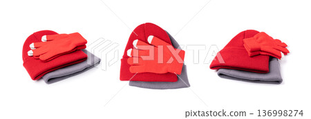 Winter hats isolated, knitted winter beanie set Winter hats isolated, knitted winter beanie set 136998274