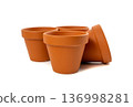Empty terracotta flower pots, clay garden vase, brown ceramic plant container, garden pottery earthenware 136998281