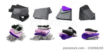 Winter hats and scarves isolated, knitted winter beanie set Winter hats and scarves isolated, knitted winter beanie set 136998285