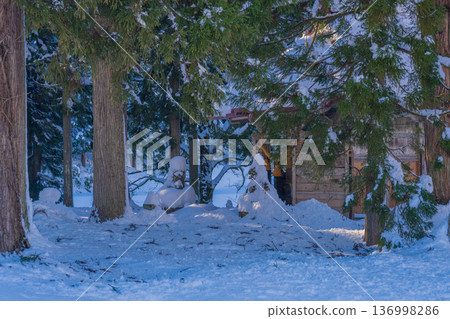 A small shrine and guardian lions buried in snow, a winter snowy landscape A small shrine and guardian lions buried in snow, a winter snowy landscape 136998286