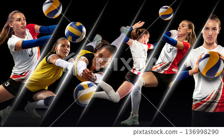 Women volleyball composition with two models with powerful game moments. Women volleyball composition with two models with powerful game moments. 136998290