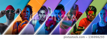 Colorful sports composition with diverse athletes under dramatic lighting. 136998293