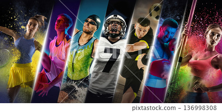 Dynamic sports collage with athletes from different disciplines. 136998308