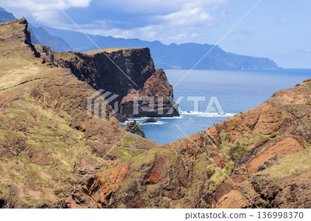 Deep volcanic ravine at Ponta de Sao Lourenco Madeira, arid cliffs frame narrow Atlantic opening 136998370