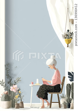 美羽系列：窗邊老婦手工縫紉 | 描繪溫柔生活方式和細膩時光的平面插畫 136998412