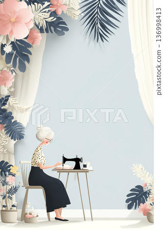 美羽系列：窗邊縫紉的老婦人 | 描繪寧靜生活與細細品味時光的扁平插畫 136998413