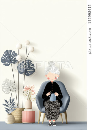 美羽系列：老婦人坐在椅子上織毛衣 | 溫柔生活方式的扁平插畫 136998415