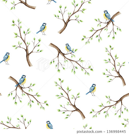 Spring seamless patterns with branch, leaves and blue tit perche. Watercolor titmouse, easter hand drawn illustration isolated on background, transparent png. Botanical and wedding clip art. For Spring seamless patterns with branch, leaves and blue tit perche. Watercolor titmouse, easter hand drawn illustration isolated on background, transparent png. Botanical and wedding clip art. For 136998445