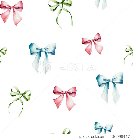 Seamless pattern with bows, long ribbons. Watercolor spring accessory of little girl. Hand drawn illustration isolated on background, transparent png. Botanical and wedding illustration. Baby shower Seamless pattern with bows, long ribbons. Watercolor spring accessory of little girl. Hand drawn illustration isolated on background, transparent png. Botanical and wedding illustration. Baby shower 136998447