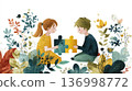 A boy and a girl put two pieces of a puzzle together, working together. Concept of unity and diversity of people, support and care for people with autism spectrum disorder 136998772